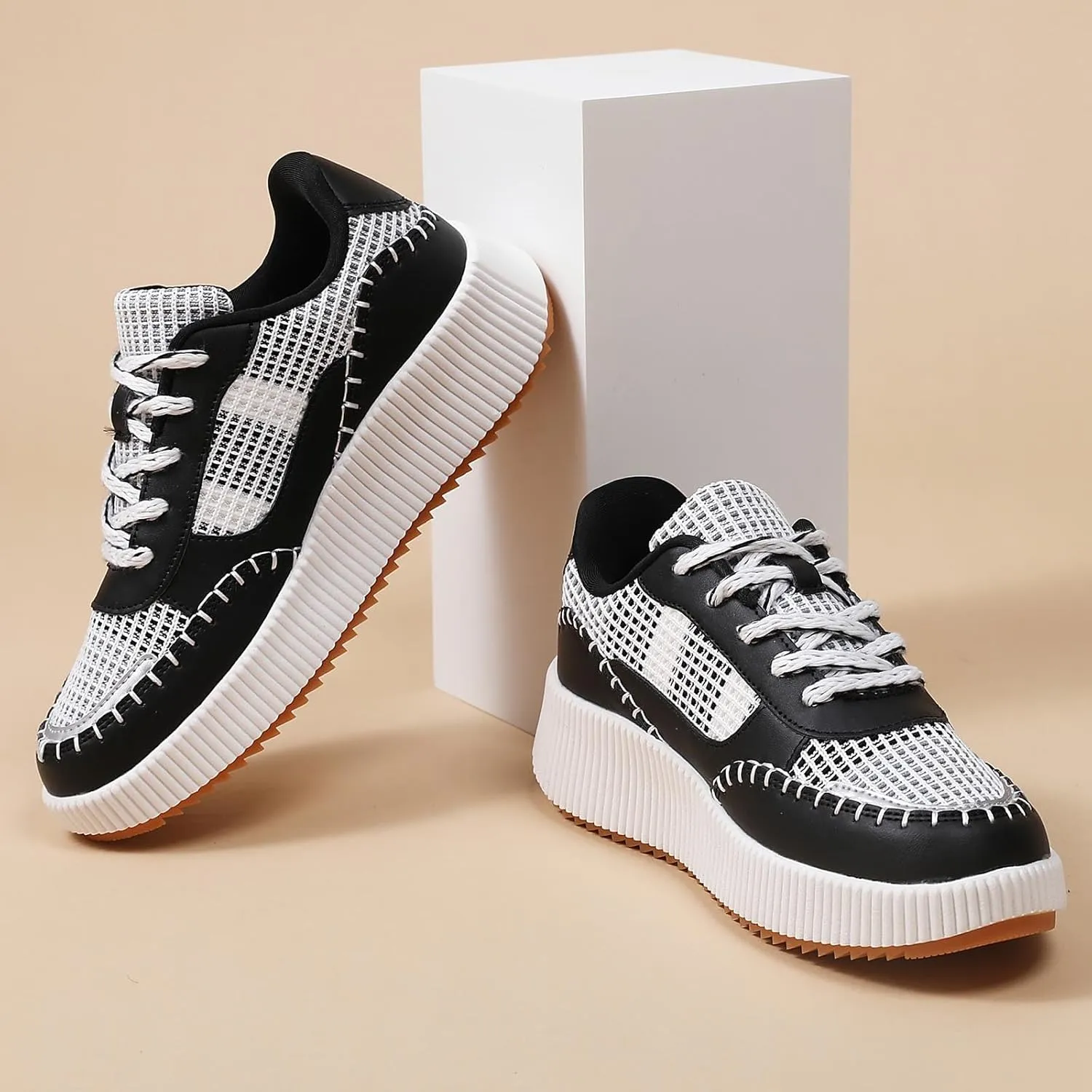 Womens Chunky Platform Sneakers | Orthopedic Walking Shoes with Arch Support | Breathable Knit Uppers | Casual Shoes with Non-Slip Rubber Outsole | Perfect for Travel, Shopping | White Tennis Shoes