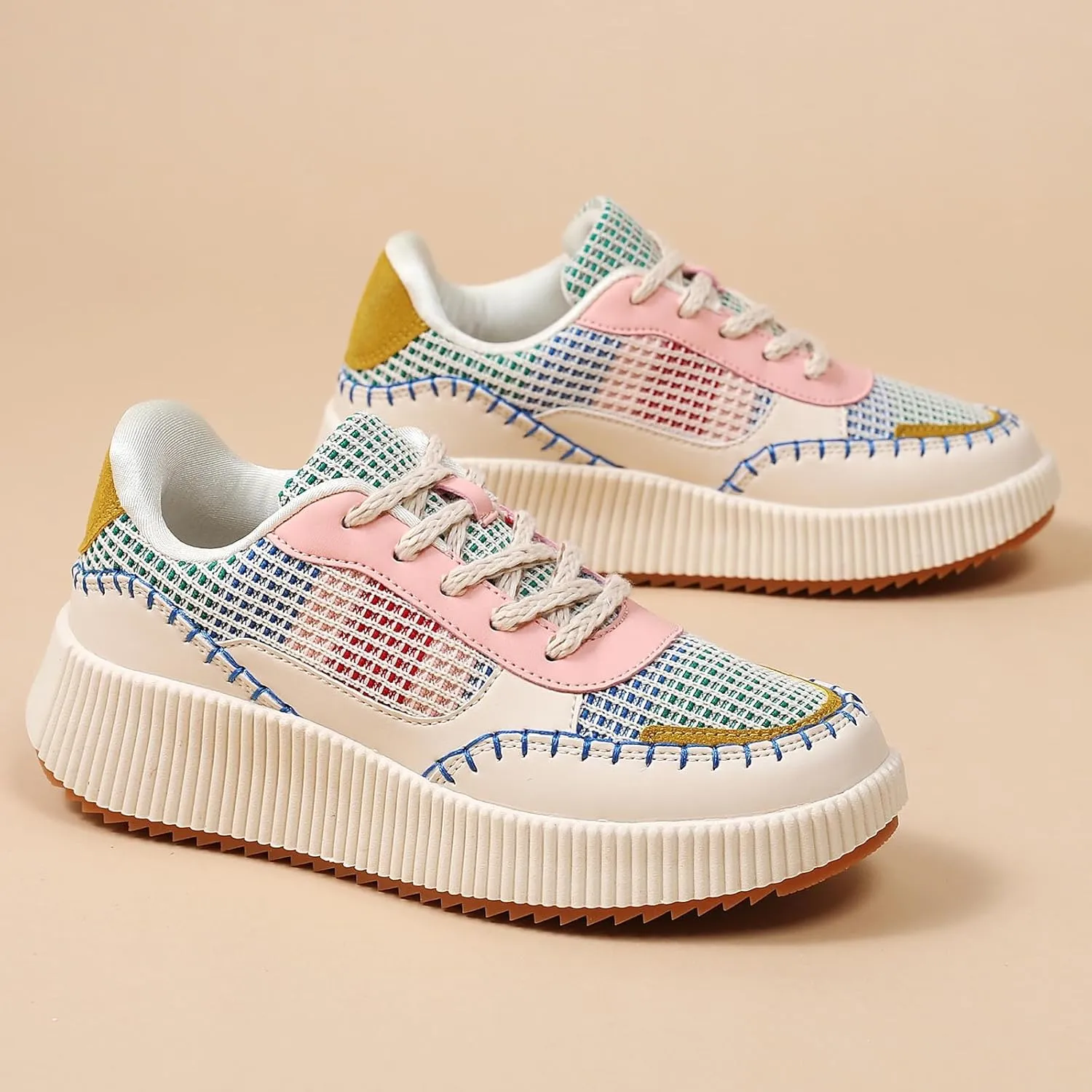 Womens Chunky Platform Sneakers | Orthopedic Walking Shoes with Arch Support | Breathable Knit Uppers | Casual Shoes with Non-Slip Rubber Outsole | Perfect for Travel, Shopping | White Tennis Shoes