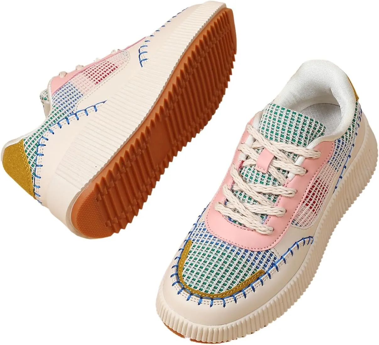 Womens Chunky Platform Sneakers | Orthopedic Walking Shoes with Arch Support | Breathable Knit Uppers | Casual Shoes with Non-Slip Rubber Outsole | Perfect for Travel, Shopping | White Tennis Shoes