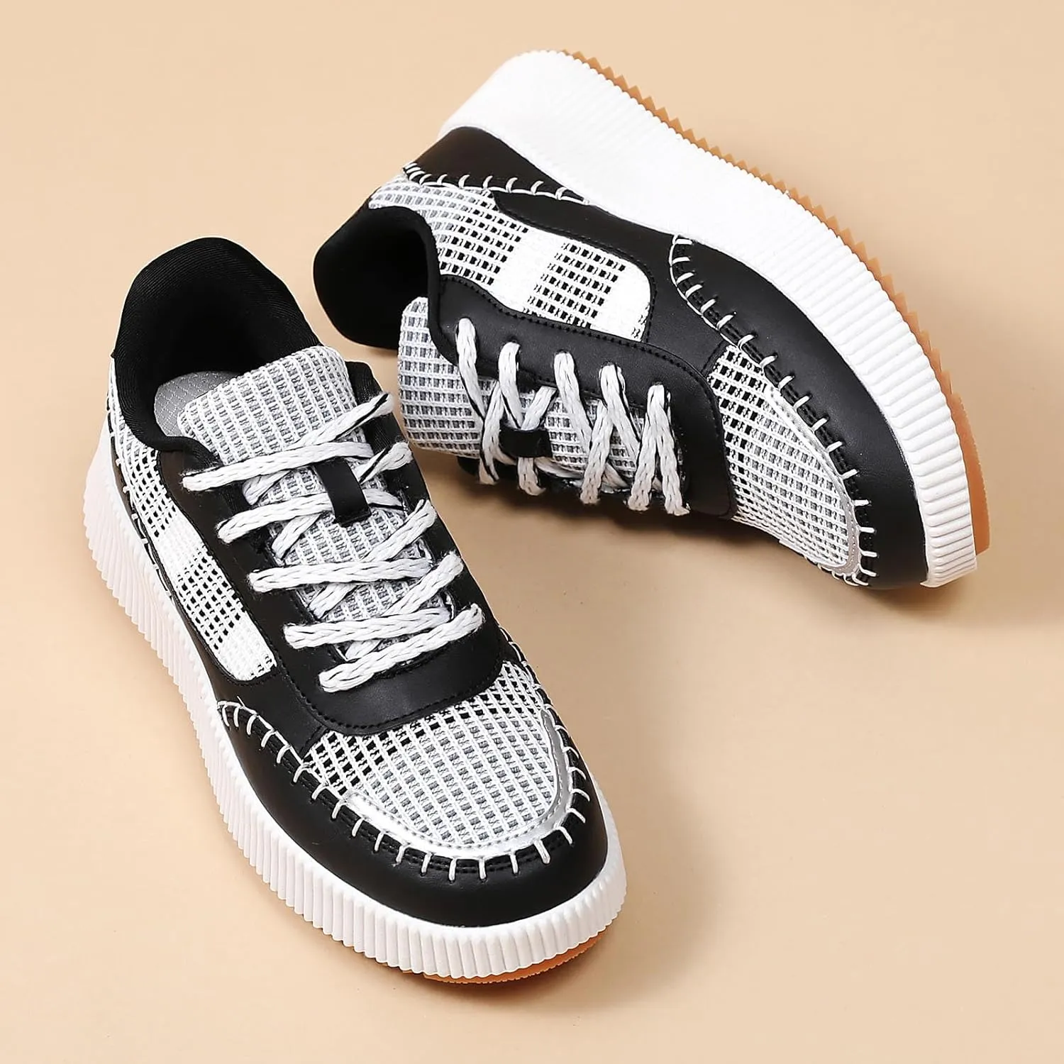 Womens Chunky Platform Sneakers | Orthopedic Walking Shoes with Arch Support | Breathable Knit Uppers | Casual Shoes with Non-Slip Rubber Outsole | Perfect for Travel, Shopping | White Tennis Shoes