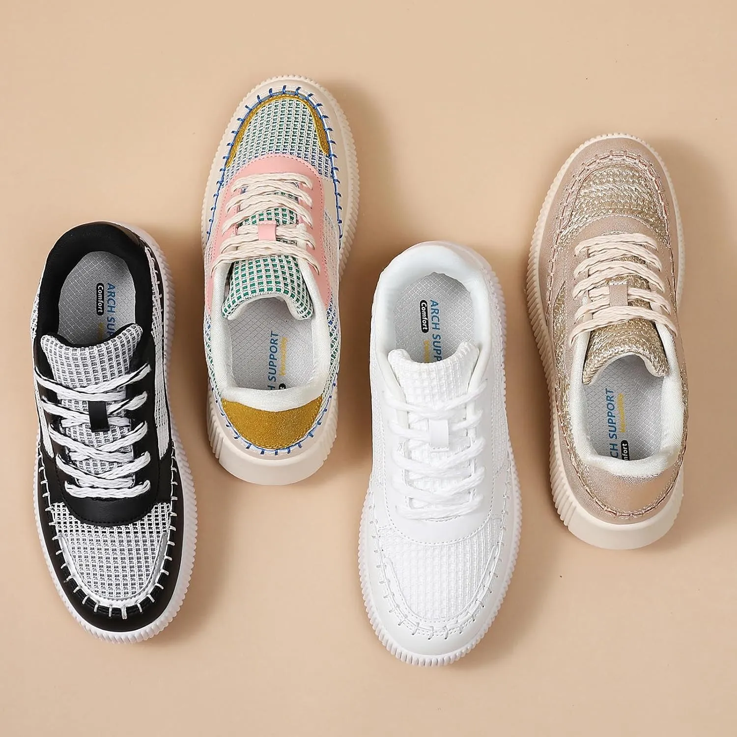 Womens Chunky Platform Sneakers | Orthopedic Walking Shoes with Arch Support | Breathable Knit Uppers | Casual Shoes with Non-Slip Rubber Outsole | Perfect for Travel, Shopping | White Tennis Shoes