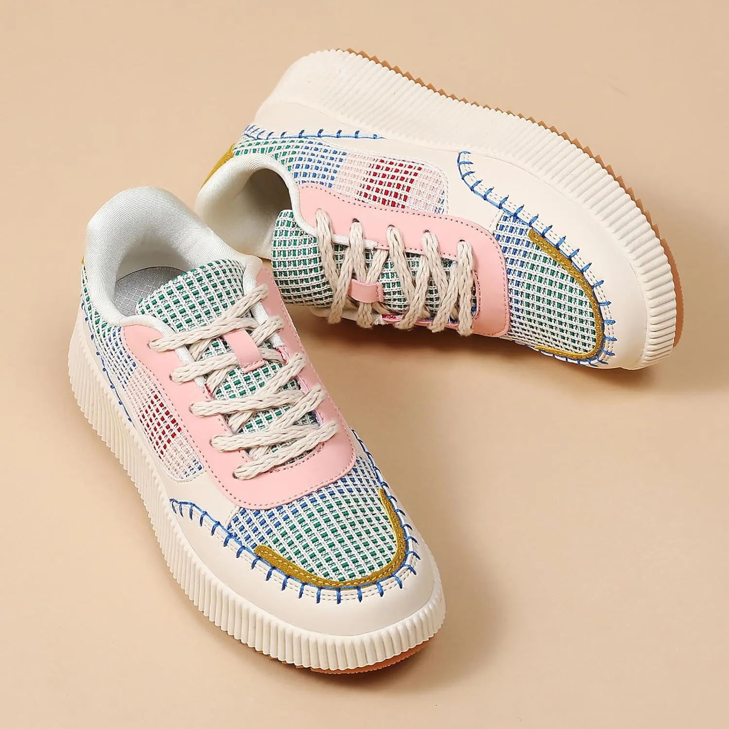 Womens Chunky Platform Sneakers | Orthopedic Walking Shoes with Arch Support | Breathable Knit Uppers | Casual Shoes with Non-Slip Rubber Outsole | Perfect for Travel, Shopping | White Tennis Shoes