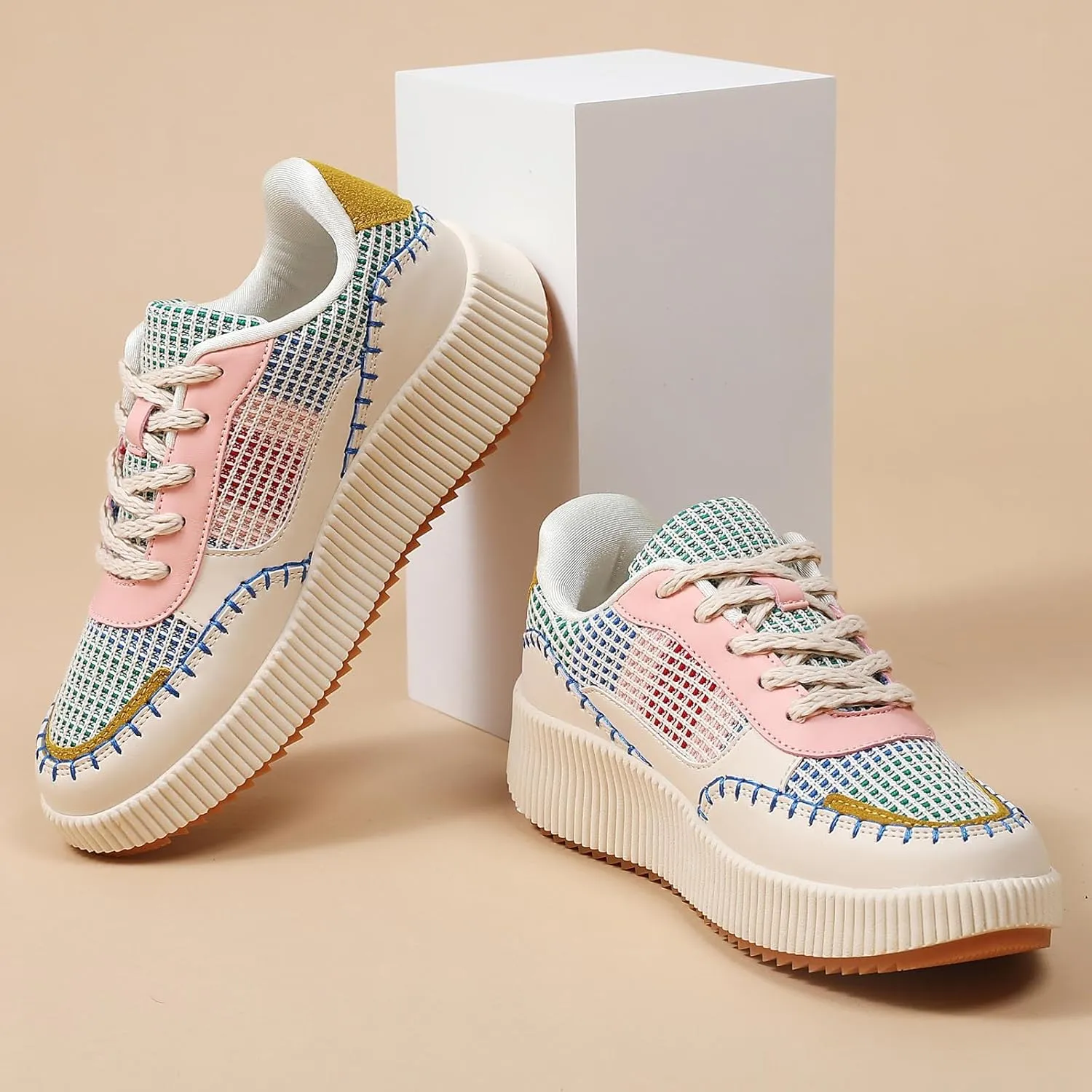 Womens Chunky Platform Sneakers | Orthopedic Walking Shoes with Arch Support | Breathable Knit Uppers | Casual Shoes with Non-Slip Rubber Outsole | Perfect for Travel, Shopping | White Tennis Shoes