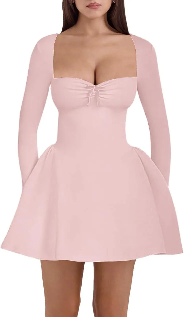 Women's Fit and Flare Mini Dress - Long Sleeve Sweetheart Neck Sexy A Line Club Party Going Out Dresses