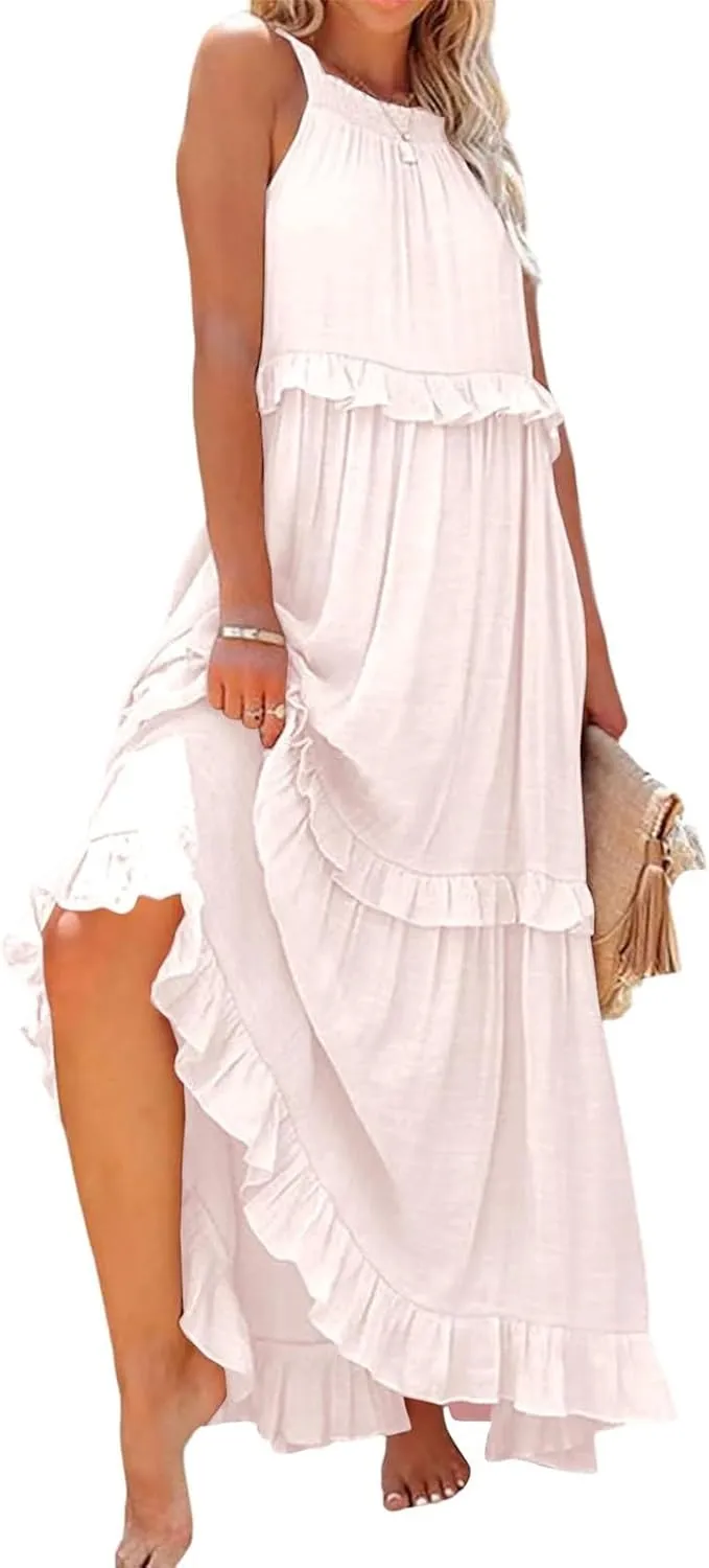 Womens Halter Boho Maxi Dress Summer Sleeveless Flowy Swing Tiered Dress Loose Ruffle Hem Elegant Wedding Guest Dress