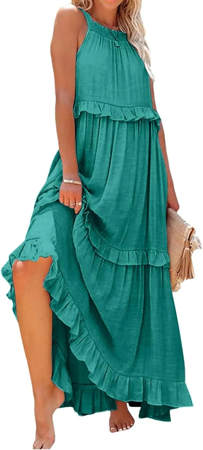Womens Halter Boho Maxi Dress Summer Sleeveless Flowy Swing Tiered Dress Loose Ruffle Hem Elegant Wedding Guest Dress