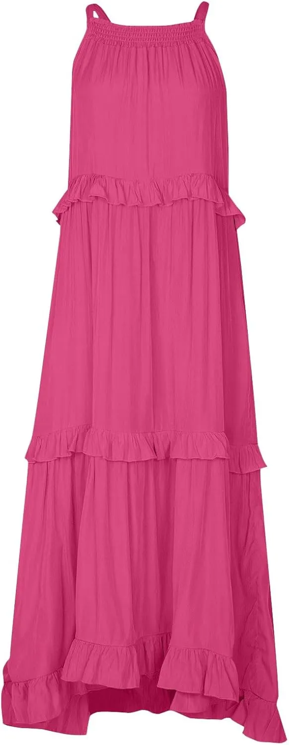 Womens Halter Boho Maxi Dress Summer Sleeveless Flowy Swing Tiered Dress Loose Ruffle Hem Elegant Wedding Guest Dress