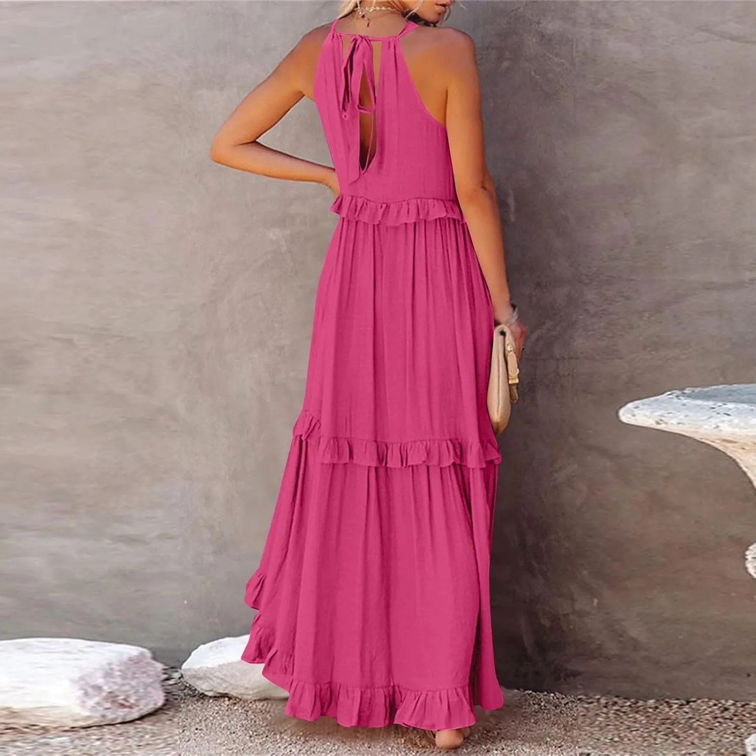 Womens Halter Boho Maxi Dress Summer Sleeveless Flowy Swing Tiered Dress Loose Ruffle Hem Elegant Wedding Guest Dress
