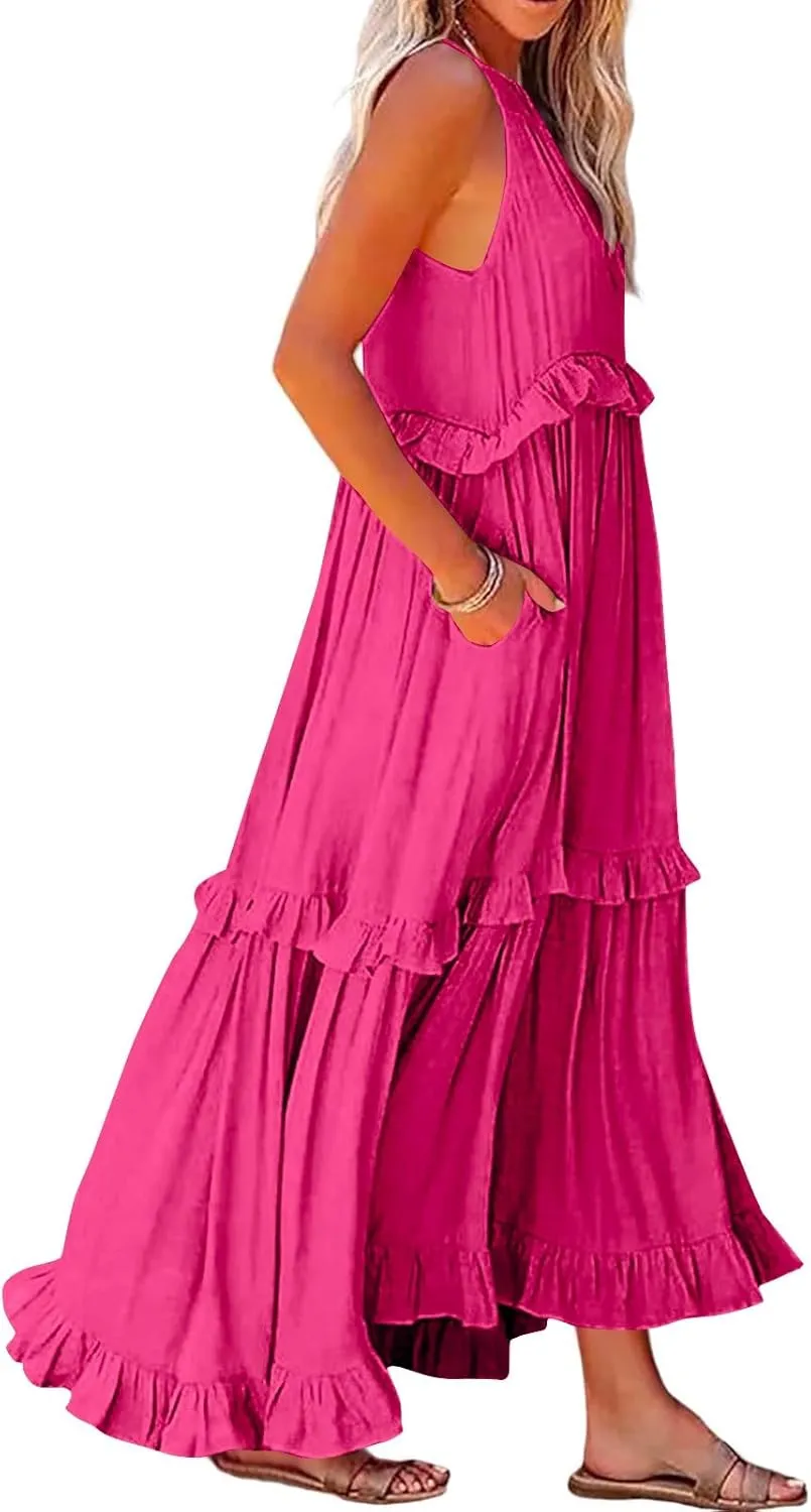 Womens Halter Boho Maxi Dress Summer Sleeveless Flowy Swing Tiered Dress Loose Ruffle Hem Elegant Wedding Guest Dress