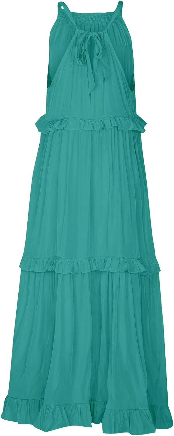 Womens Halter Boho Maxi Dress Summer Sleeveless Flowy Swing Tiered Dress Loose Ruffle Hem Elegant Wedding Guest Dress