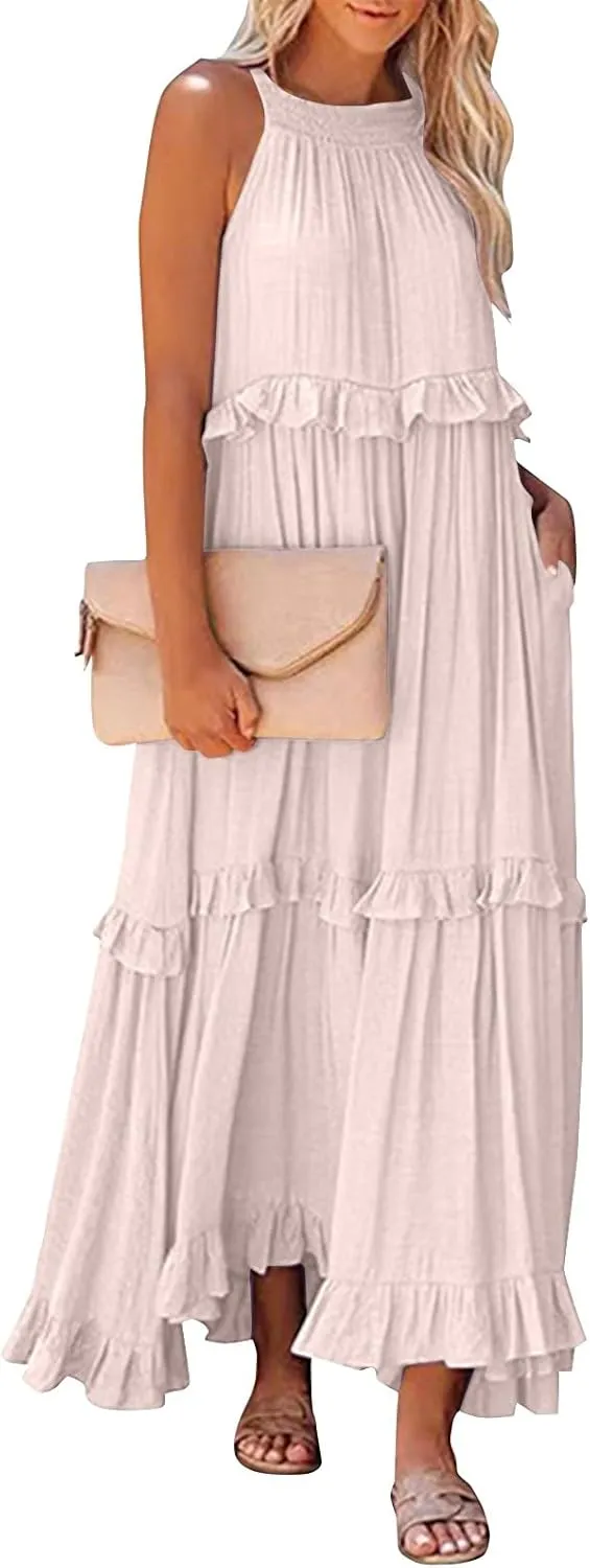 Womens Halter Boho Maxi Dress Summer Sleeveless Flowy Swing Tiered Dress Loose Ruffle Hem Elegant Wedding Guest Dress