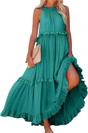Womens Halter Boho Maxi Dress Summer Sleeveless Flowy Swing Tiered Dress Loose Ruffle Hem Elegant Wedding Guest Dress