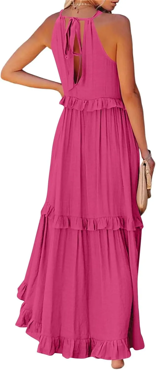 Womens Halter Boho Maxi Dress Summer Sleeveless Flowy Swing Tiered Dress Loose Ruffle Hem Elegant Wedding Guest Dress