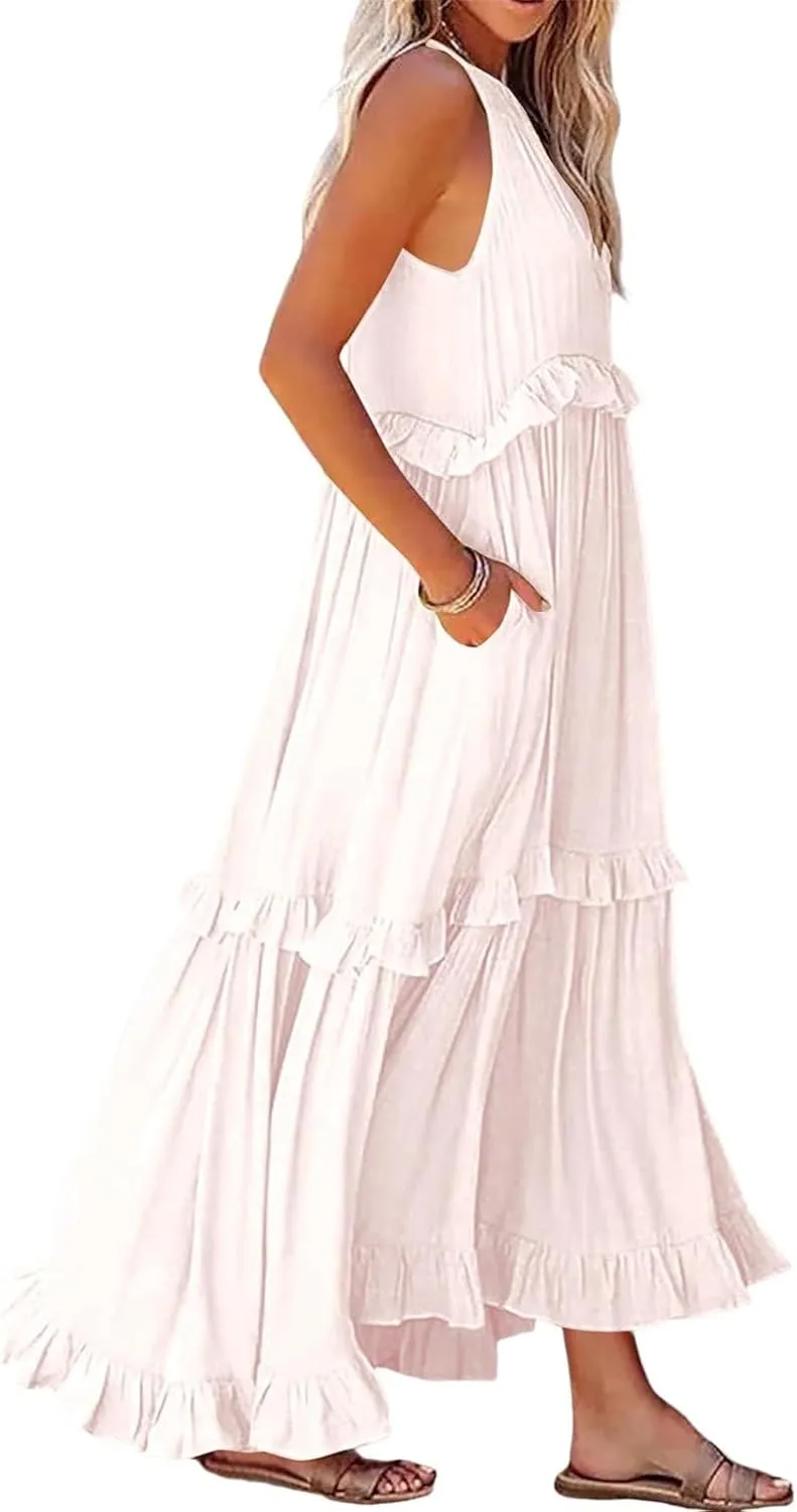 Womens Halter Boho Maxi Dress Summer Sleeveless Flowy Swing Tiered Dress Loose Ruffle Hem Elegant Wedding Guest Dress