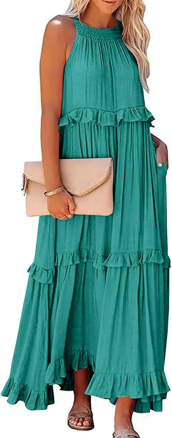 Womens Halter Boho Maxi Dress Summer Sleeveless Flowy Swing Tiered Dress Loose Ruffle Hem Elegant Wedding Guest Dress