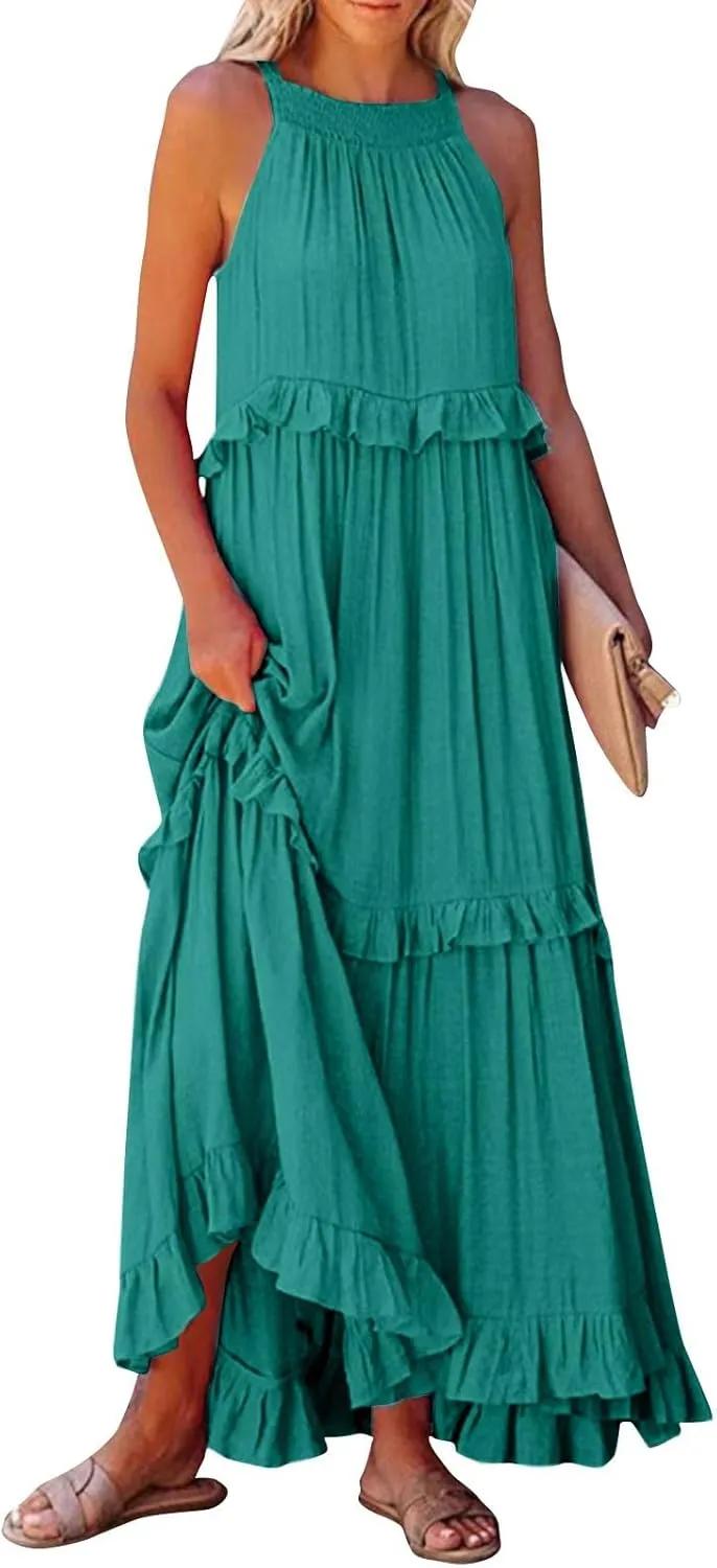 Womens Halter Boho Maxi Dress Summer Sleeveless Flowy Swing Tiered Dress Loose Ruffle Hem Elegant Wedding Guest Dress