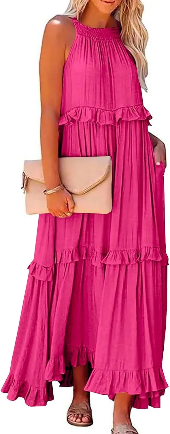 Womens Halter Boho Maxi Dress Summer Sleeveless Flowy Swing Tiered Dress Loose Ruffle Hem Elegant Wedding Guest Dress