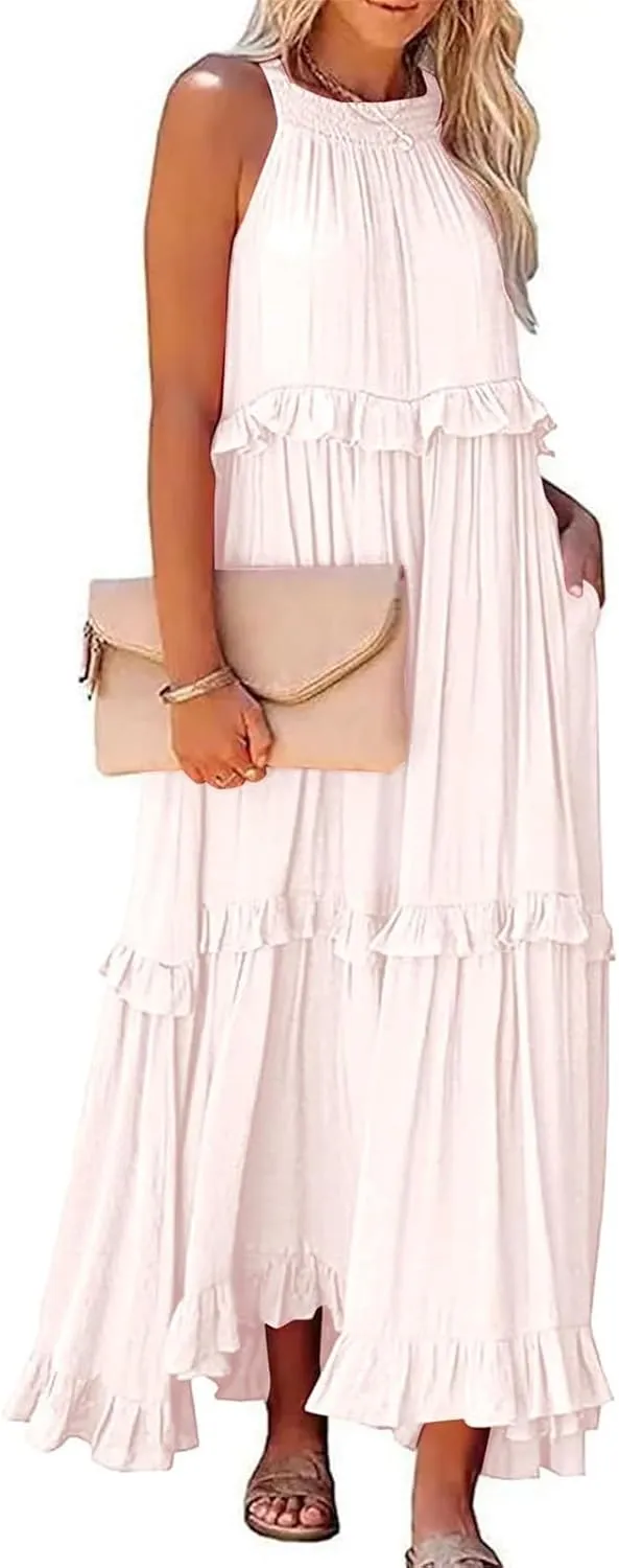 Womens Halter Boho Maxi Dress Summer Sleeveless Flowy Swing Tiered Dress Loose Ruffle Hem Elegant Wedding Guest Dress