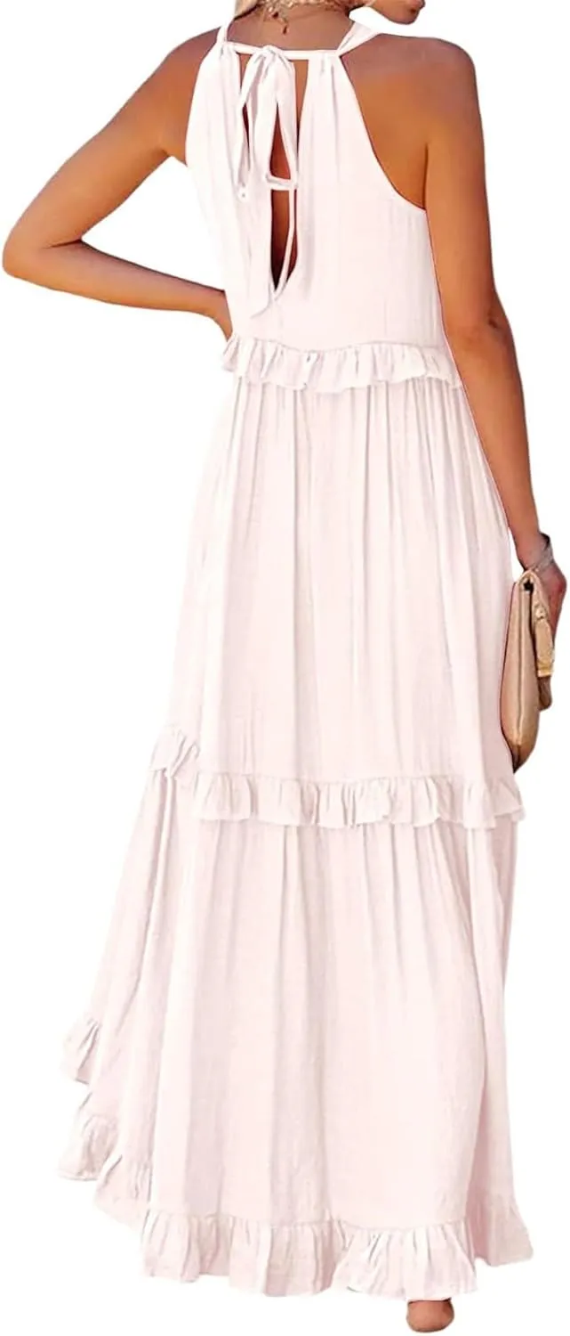 Womens Halter Boho Maxi Dress Summer Sleeveless Flowy Swing Tiered Dress Loose Ruffle Hem Elegant Wedding Guest Dress