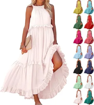 Womens Halter Boho Maxi Dress Summer Sleeveless Flowy Swing Tiered Dress Loose Ruffle Hem Elegant Wedding Guest Dress