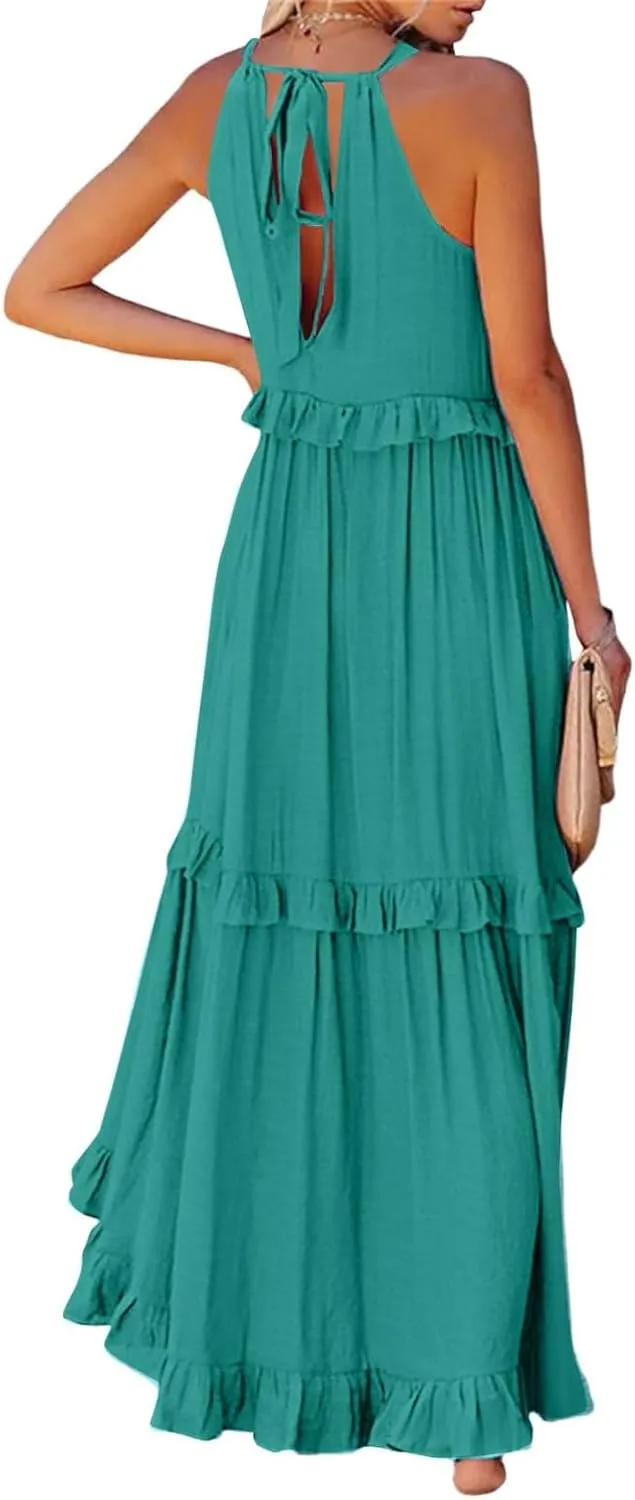 Womens Halter Boho Maxi Dress Summer Sleeveless Flowy Swing Tiered Dress Loose Ruffle Hem Elegant Wedding Guest Dress