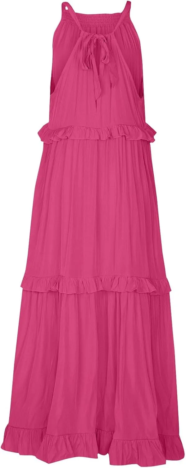 Womens Halter Boho Maxi Dress Summer Sleeveless Flowy Swing Tiered Dress Loose Ruffle Hem Elegant Wedding Guest Dress