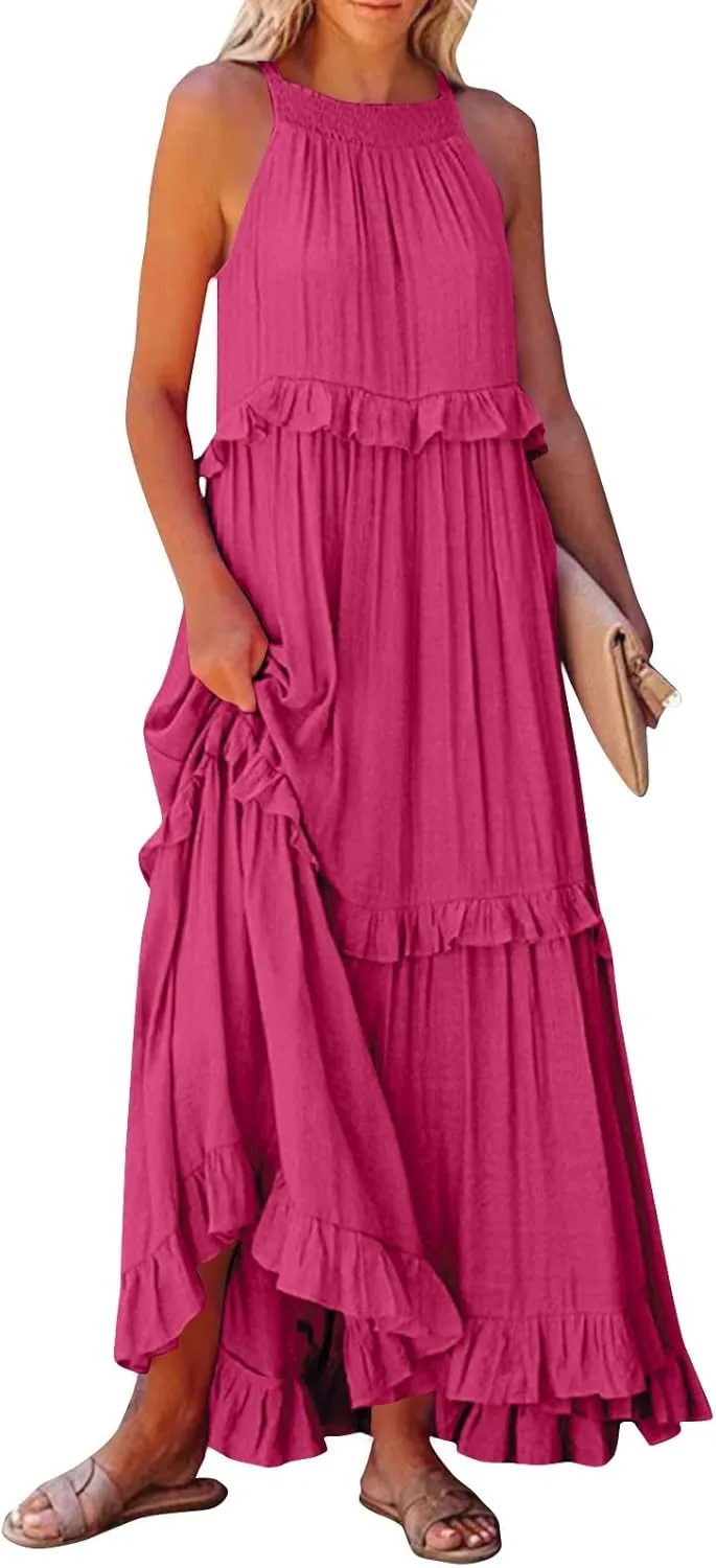 Womens Halter Boho Maxi Dress Summer Sleeveless Flowy Swing Tiered Dress Loose Ruffle Hem Elegant Wedding Guest Dress