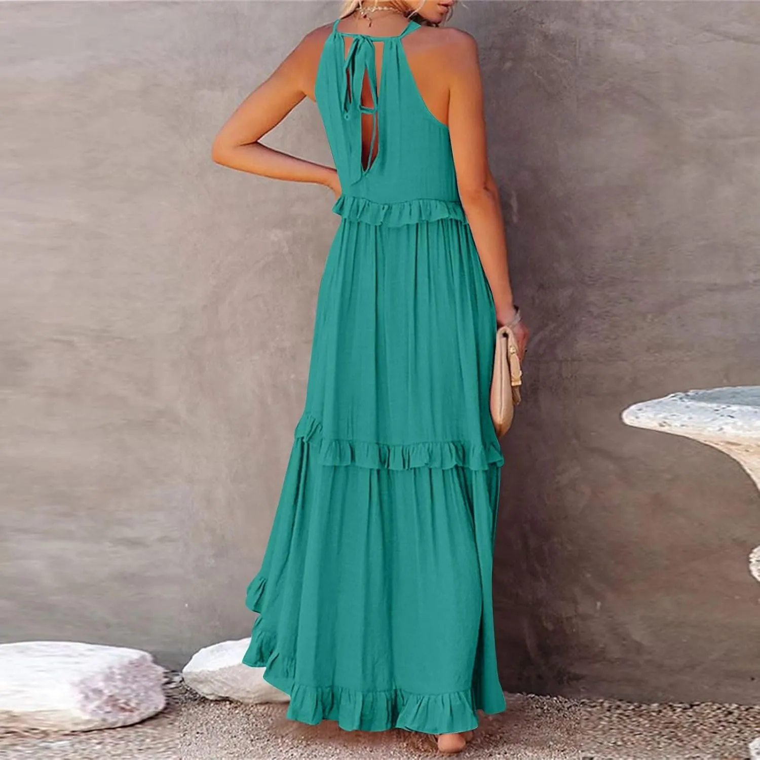 Womens Halter Boho Maxi Dress Summer Sleeveless Flowy Swing Tiered Dress Loose Ruffle Hem Elegant Wedding Guest Dress