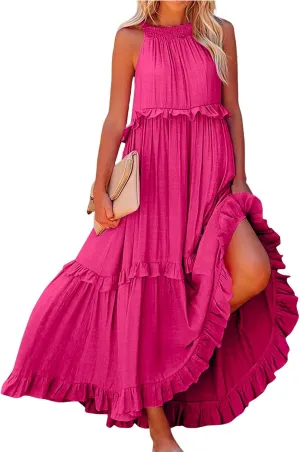 Womens Halter Boho Maxi Dress Summer Sleeveless Flowy Swing Tiered Dress Loose Ruffle Hem Elegant Wedding Guest Dress
