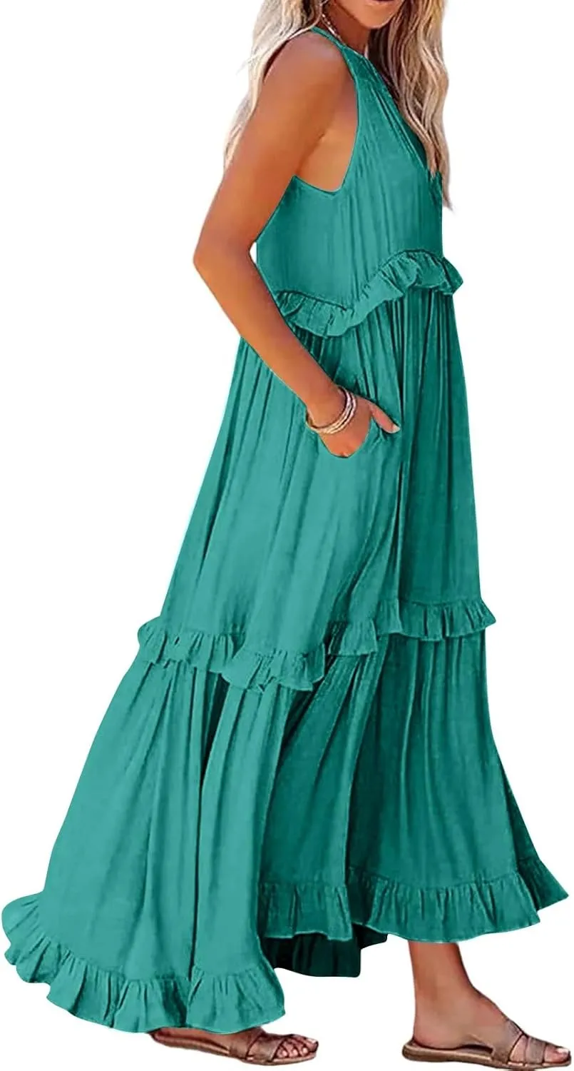 Womens Halter Boho Maxi Dress Summer Sleeveless Flowy Swing Tiered Dress Loose Ruffle Hem Elegant Wedding Guest Dress