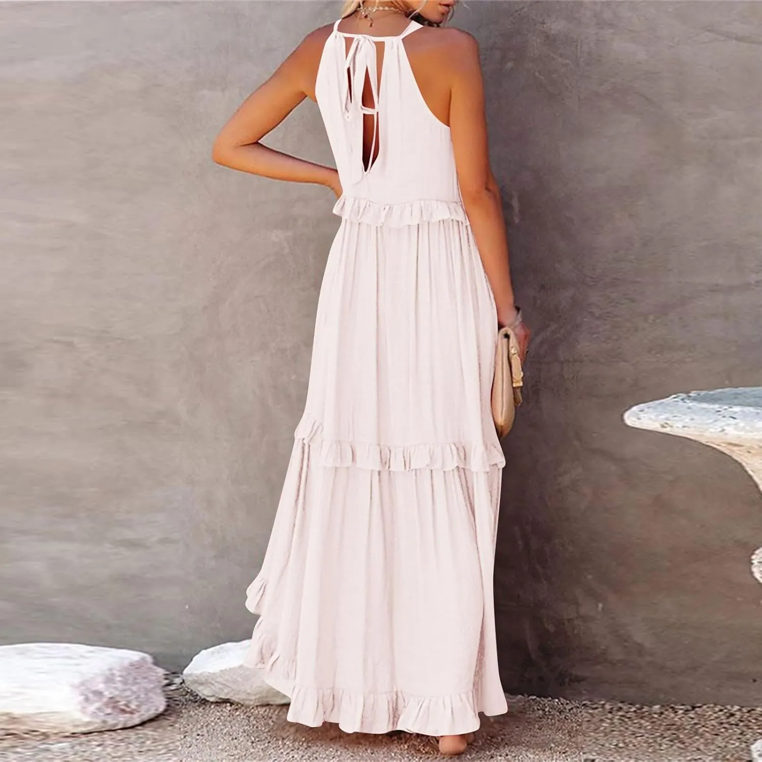 Womens Halter Boho Maxi Dress Summer Sleeveless Flowy Swing Tiered Dress Loose Ruffle Hem Elegant Wedding Guest Dress