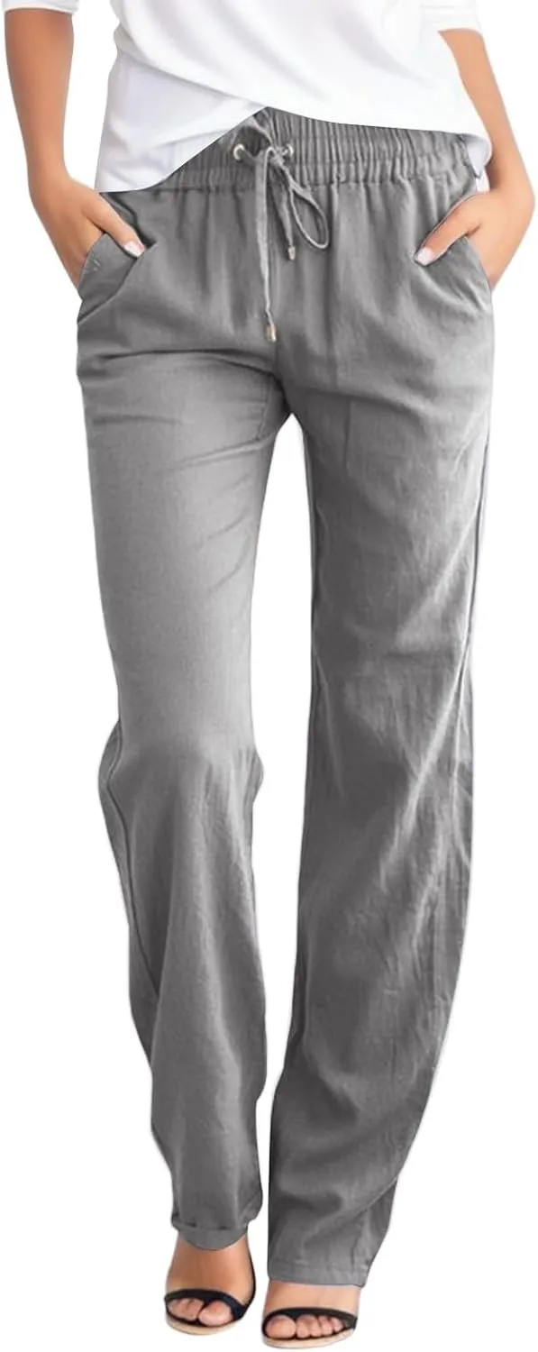 Womens High Waisted Wide Leg Pants Casual Drawstring Elastic Trousers Comfy Straight Leg Long Palazzo Yoga Pants Pocket