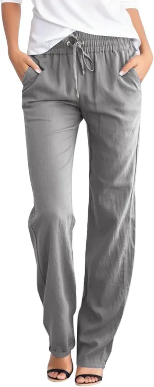 Womens High Waisted Wide Leg Pants Casual Drawstring Elastic Trousers Comfy Straight Leg Long Palazzo Yoga Pants Pocket