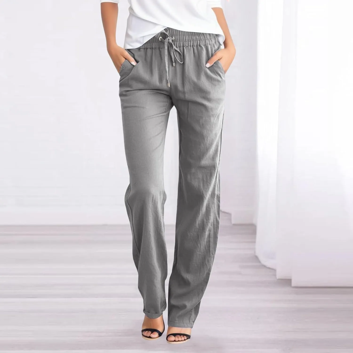 Womens High Waisted Wide Leg Pants Casual Drawstring Elastic Trousers Comfy Straight Leg Long Palazzo Yoga Pants Pocket