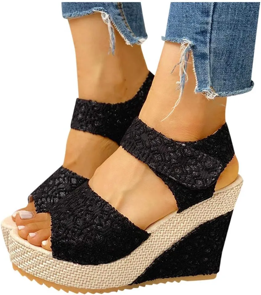 Women's Ladies Platform Wedges Heel Sandals Floral Flower Lace-up Shoes Footwear Women's Water Shoes