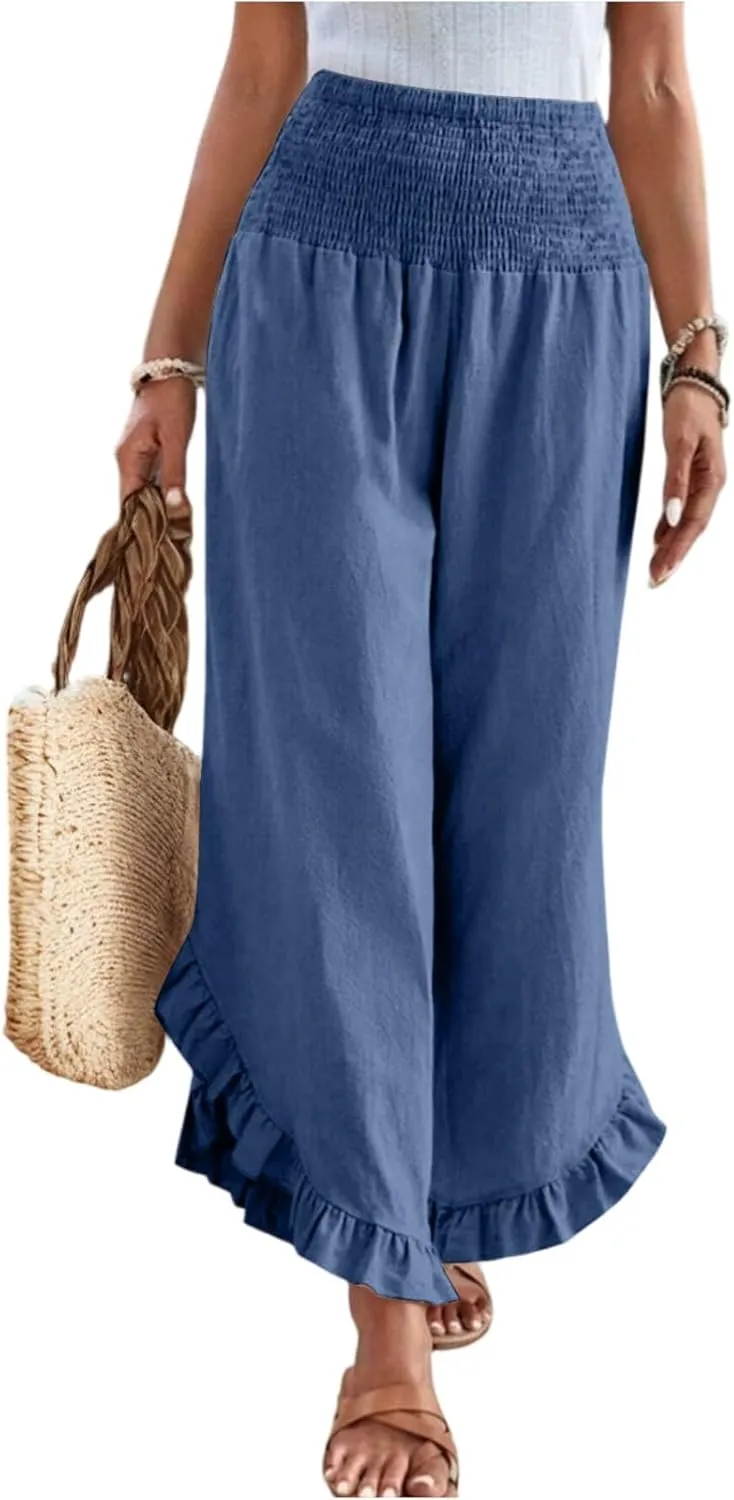 Women's Loose Linen Pants Casual Straight Leg Drawstring Elastic Waist Loose Comfy Trousers with Pockets