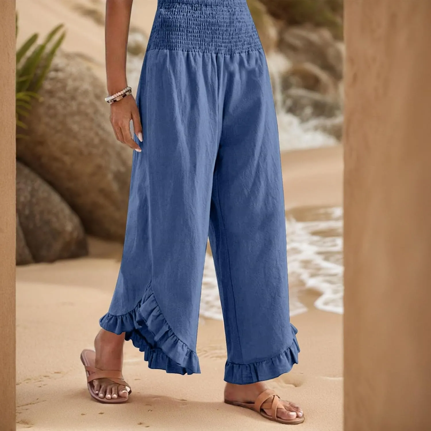 Women's Loose Linen Pants Casual Straight Leg Drawstring Elastic Waist Loose Comfy Trousers with Pockets