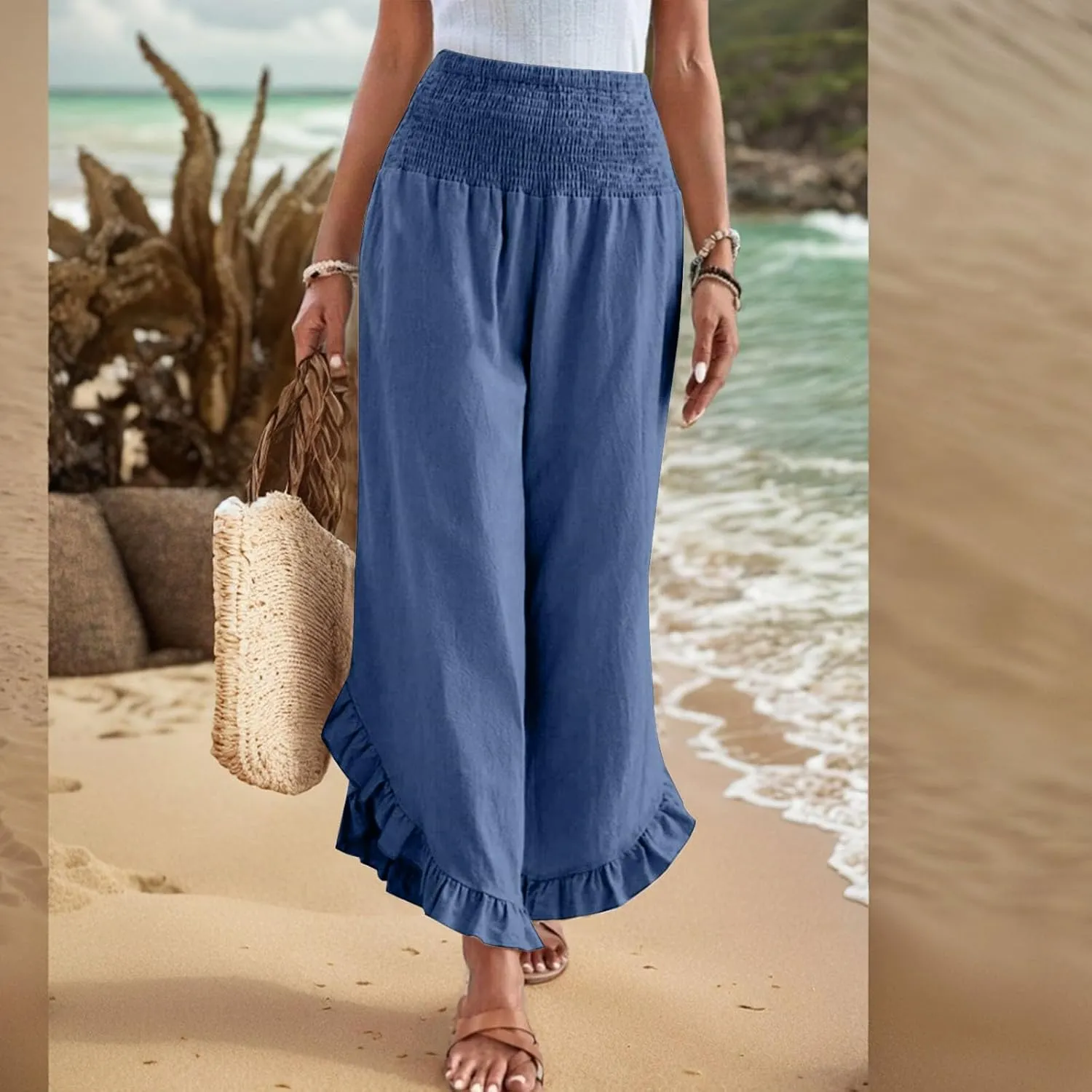 Women's Loose Linen Pants Casual Straight Leg Drawstring Elastic Waist Loose Comfy Trousers with Pockets