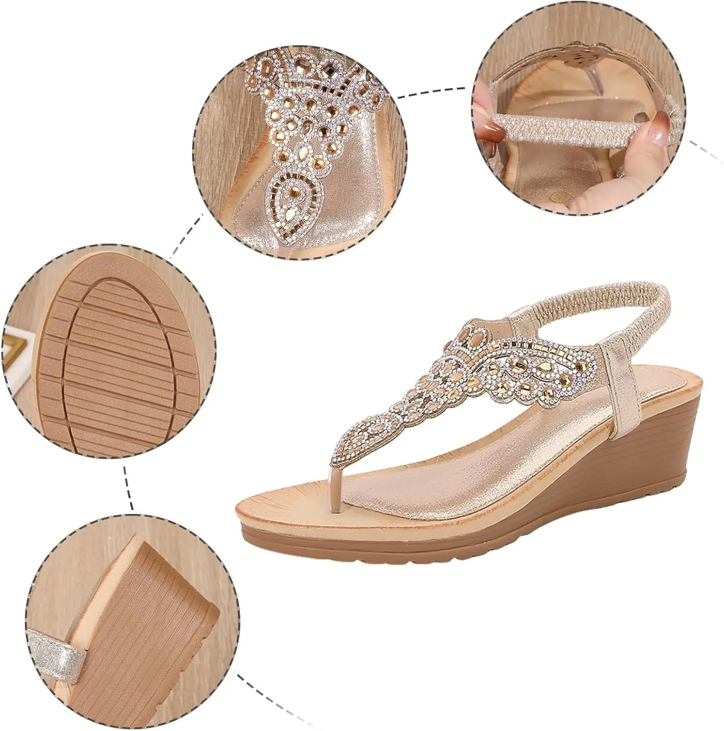 Women's Low Wedge Heels Summer Dressy Platform Sandals Elastic Ankle Strap Open Toe Flower Shoes Comfortable Casual Wedges Sandal Beach Flowers Fashion Breathable Heel Rhinestone Bohemian