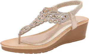 Women's Low Wedge Heels Summer Dressy Platform Sandals Elastic Ankle Strap Open Toe Flower Shoes Comfortable Casual Wedges Sandal Beach Flowers Fashion Breathable Heel Rhinestone Bohemian