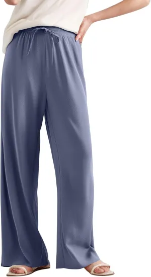 Women's Pants Casual Long Wide Leg High Waisted Trousers Loose Fit Drawstring Pleated Pull On Vacation Trousers