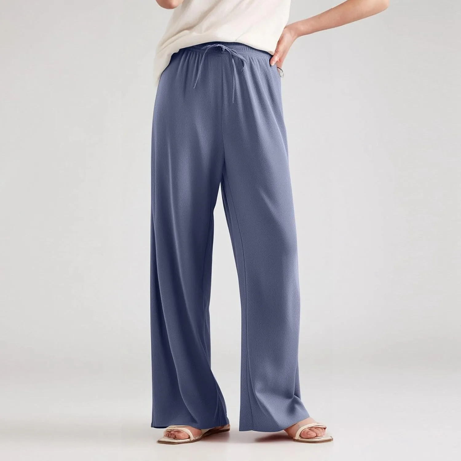 Women's Pants Casual Long Wide Leg High Waisted Trousers Loose Fit Drawstring Pleated Pull On Vacation Trousers