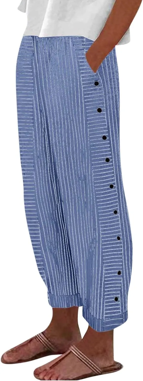 Women's Pants Summer Striped Wide Leg Pants Side Button Lightweight Beach Elastic Waist Casual Cropped Pant w/Pockets