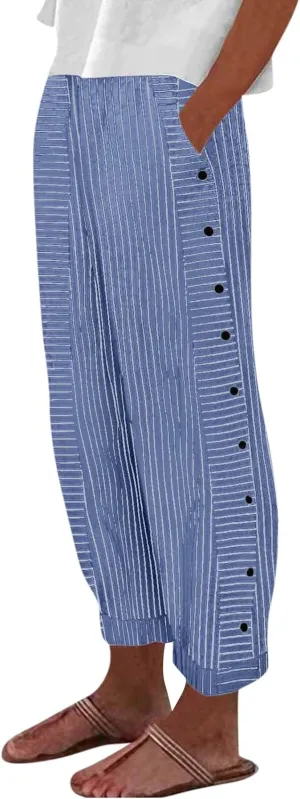 Women's Pants Summer Striped Wide Leg Pants Side Button Lightweight Beach Elastic Waist Casual Cropped Pant w/Pockets
