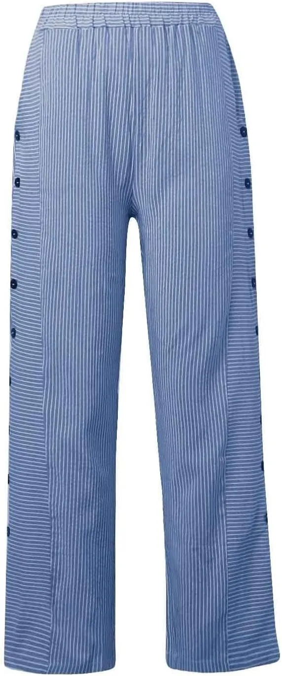 Women's Pants Summer Striped Wide Leg Pants Side Button Lightweight Beach Elastic Waist Casual Cropped Pant w/Pockets