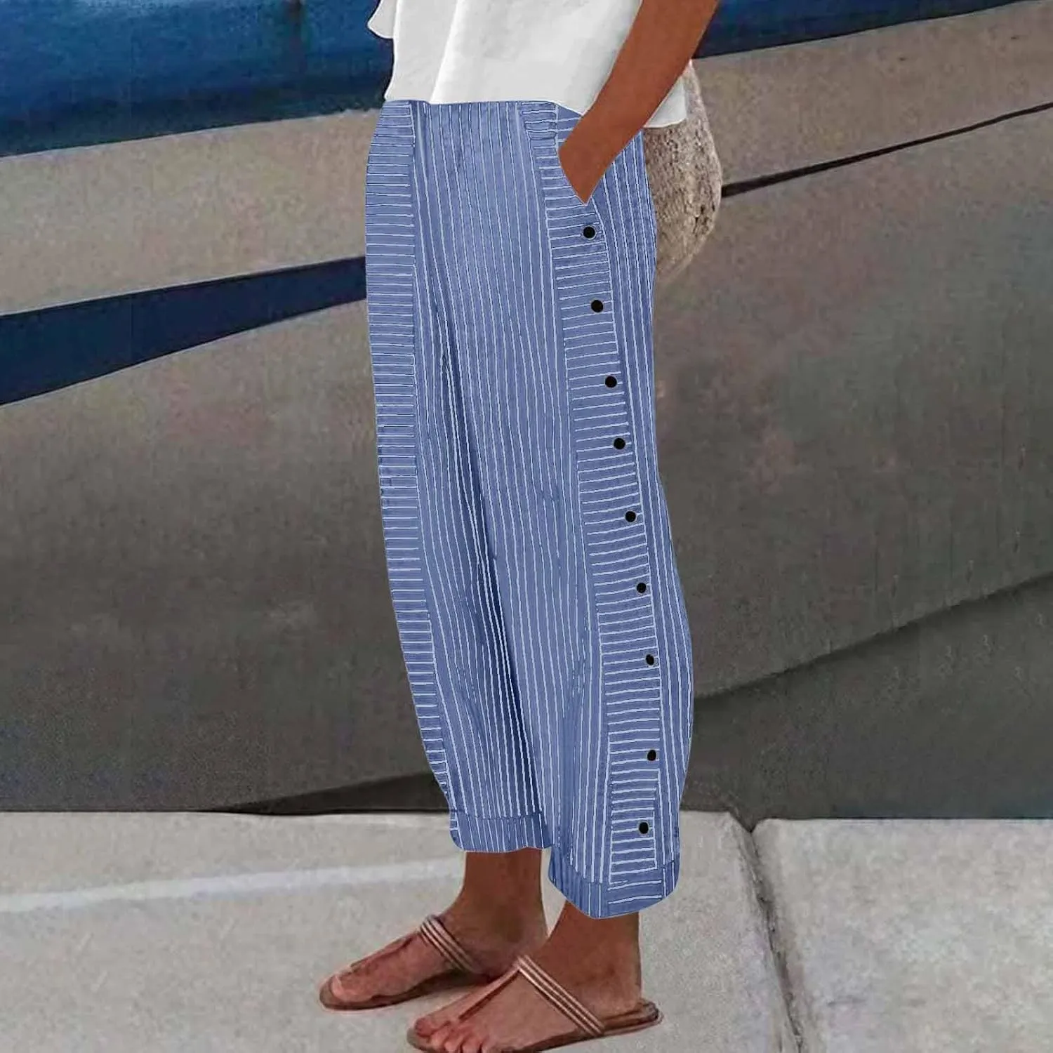 Women's Pants Summer Striped Wide Leg Pants Side Button Lightweight Beach Elastic Waist Casual Cropped Pant w/Pockets