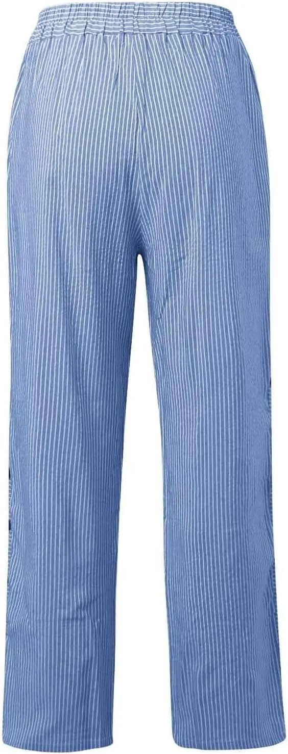 Women's Pants Summer Striped Wide Leg Pants Side Button Lightweight Beach Elastic Waist Casual Cropped Pant w/Pockets