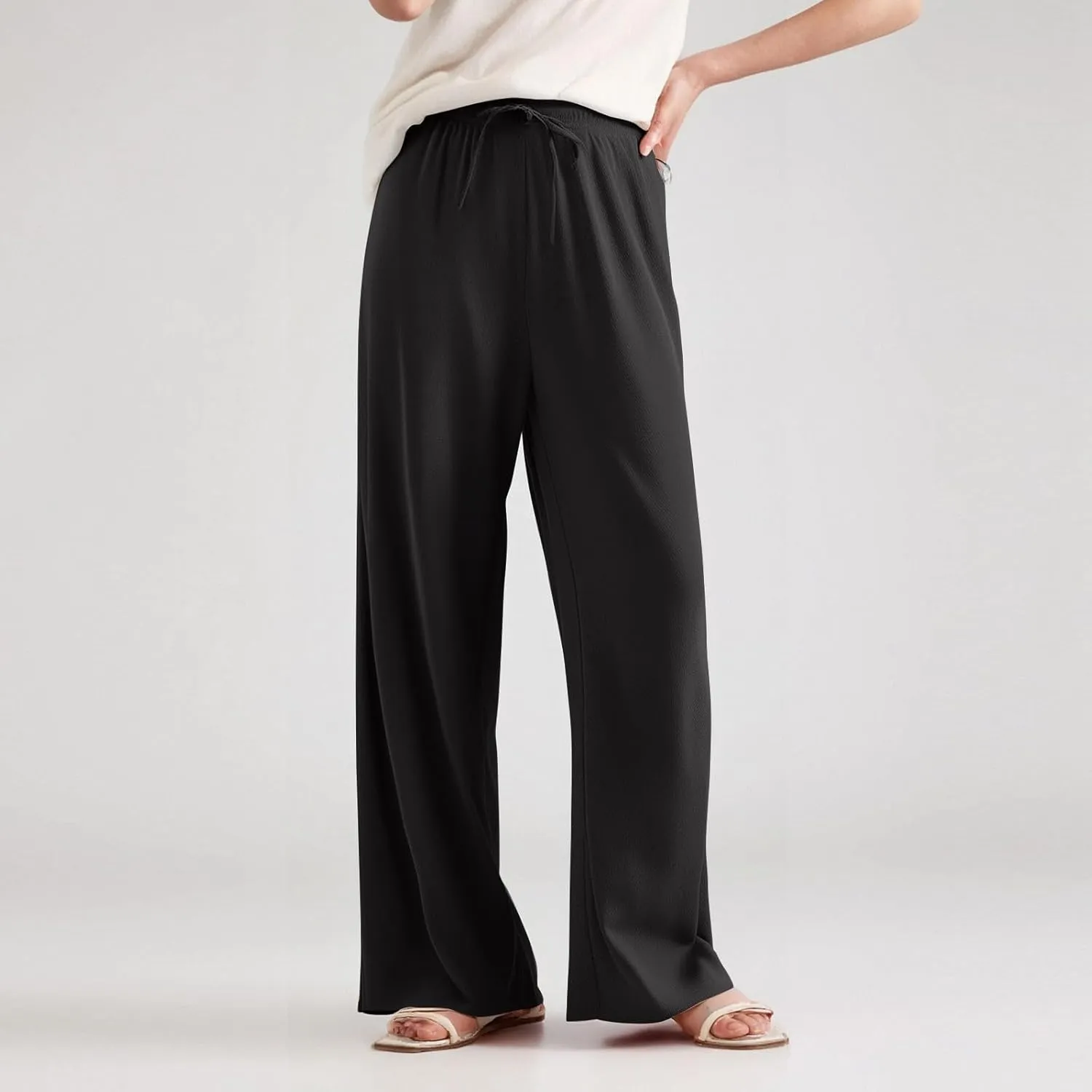 Women's Pants Wide Leg High Waisted Trousers Dressy Casual Drawstring Pleated Pull On Vacation Pants