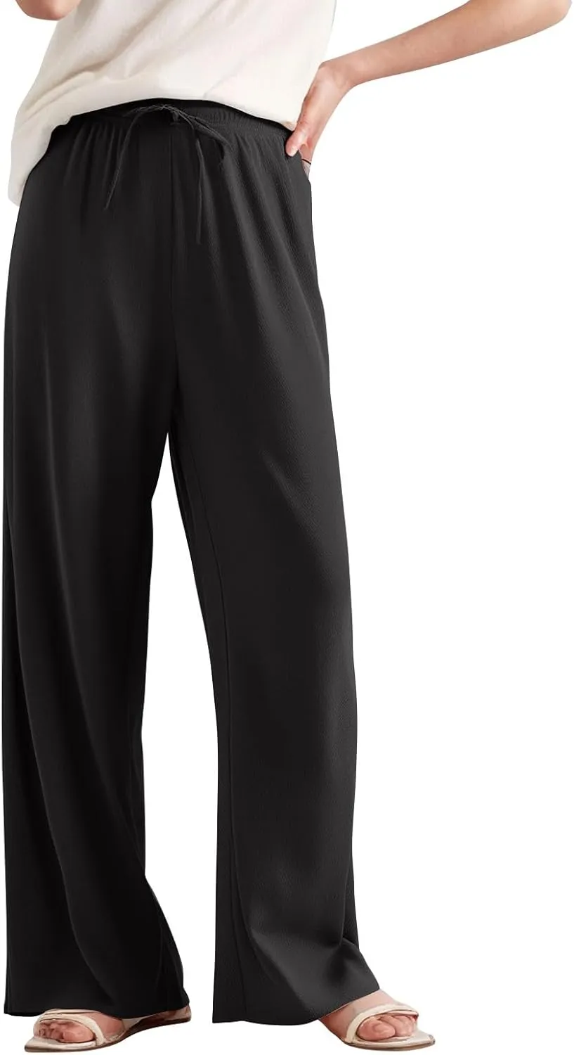 Women's Pants Wide Leg High Waisted Trousers Dressy Casual Drawstring Pleated Pull On Vacation Pants