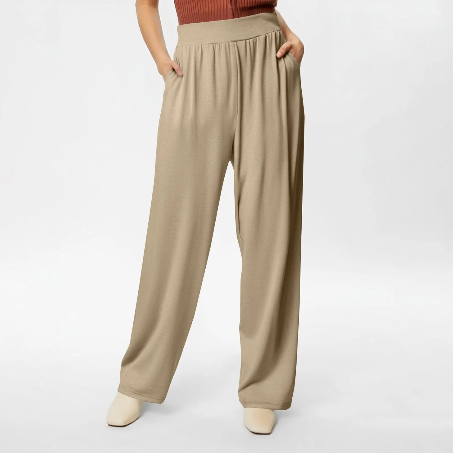 Women's Pants Wide Leg Long High Waisted Lounge Pants Stretchy Pleated Pull On Vacation Trousers with Pockets